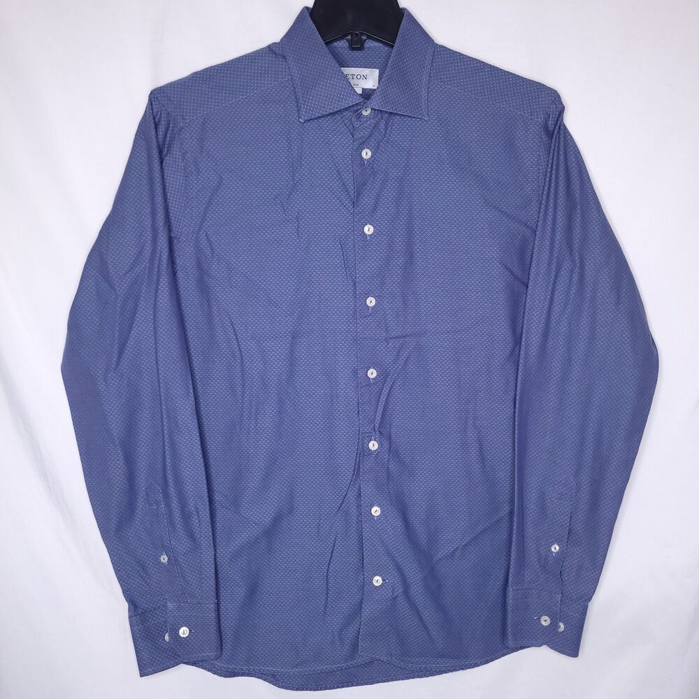 Eton Dress Shirt Mens 16 Blue Diamond Print Slim Fit